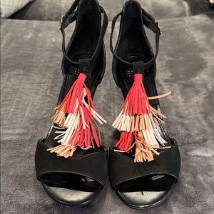 White House Black Market Tassel heels in dark pink, tan, pink and light gray.